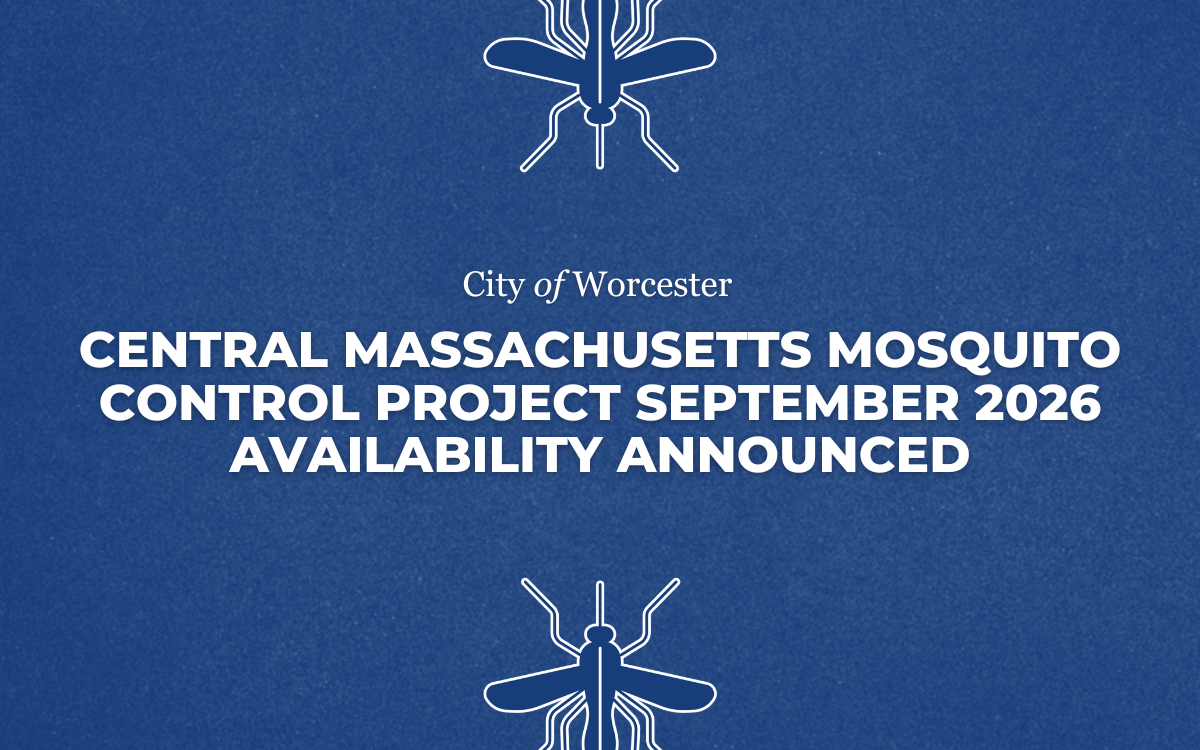Blue graphic with mosquito silhouettes on it with text overlayed that reads, "Central Massachusetts Mosquito Control Project September 2026 Availability Announced"