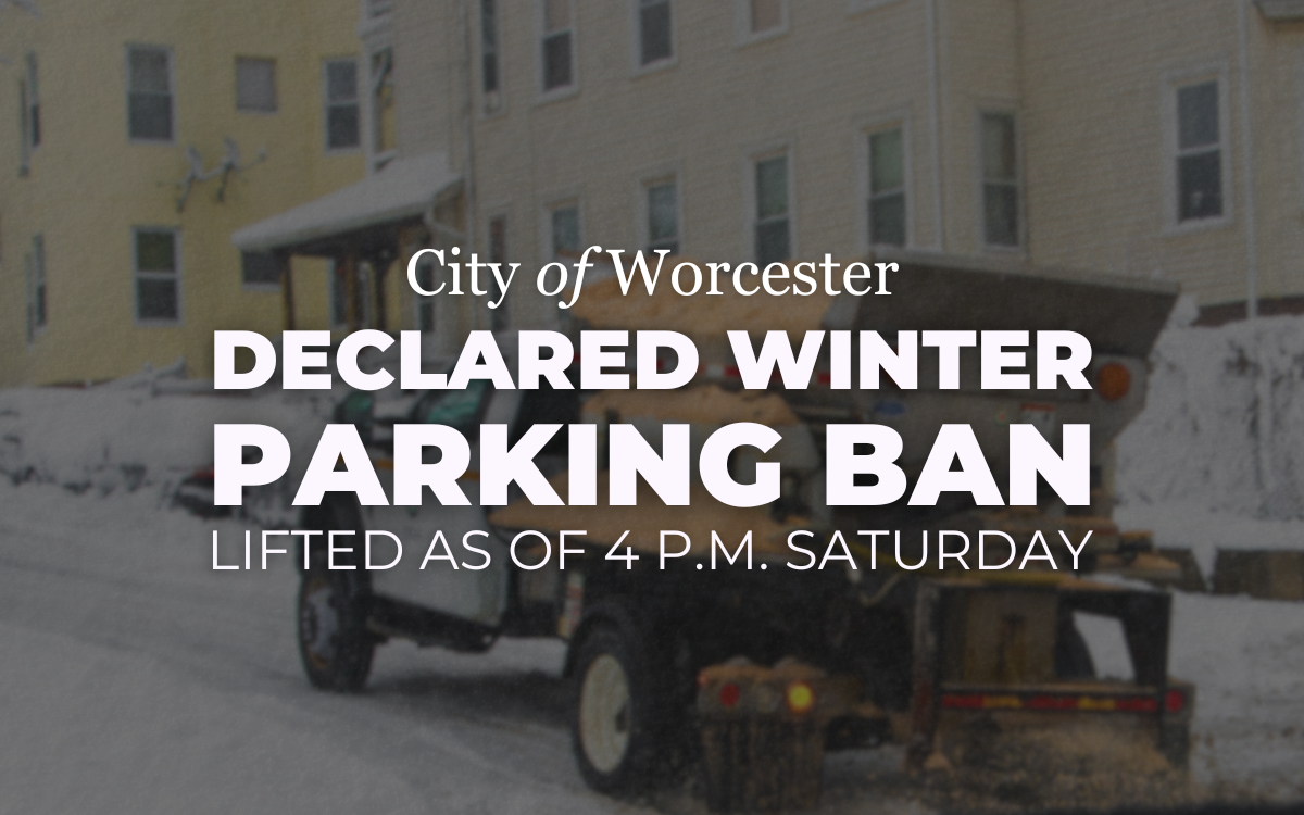 Image of snow plow with wording overlayed saying "Declared Winter Parking Ban Lifted as of 4 p.m. Saturday 