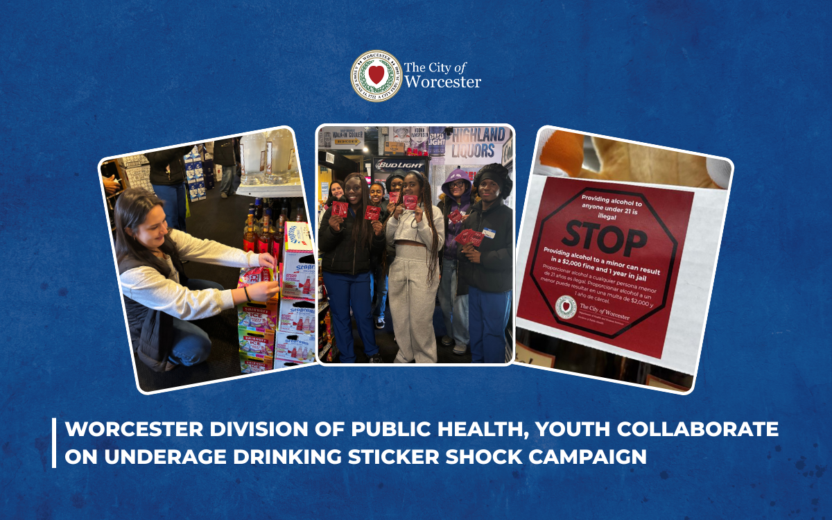 Blue graphic with photos of youth participating in an underage drinking sticker shock campaign