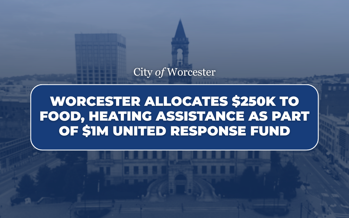 Graphic announcing Worcester Allocates $250K to Food, Heating Assistance as Part of $1M United Response Fund