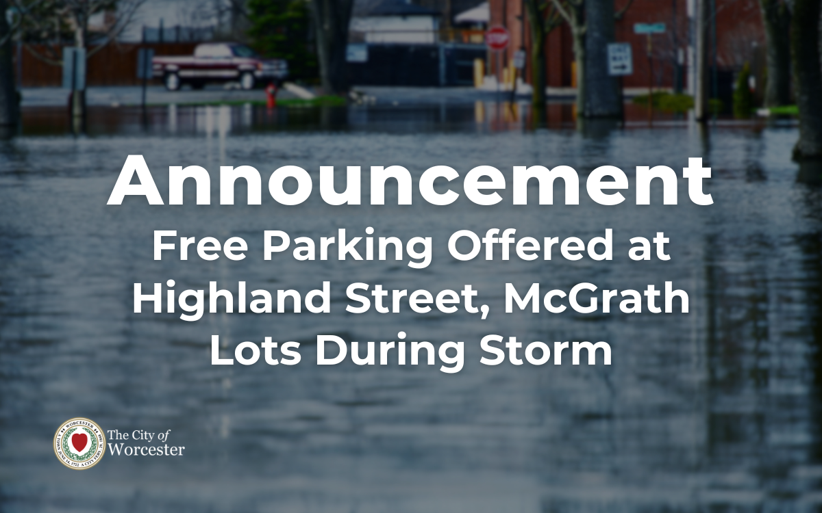 Photo of flooding with text overlayed that reads, "Free Parking Offered at Highland Street, McGrath Lots During Storm"