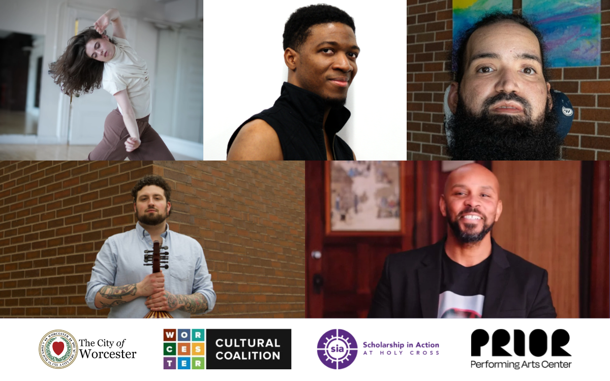 Graphic showing five artist selected for the HC x WCC2026: Creative Residencies for Worcester Artists at the Prior Performing Arts Center