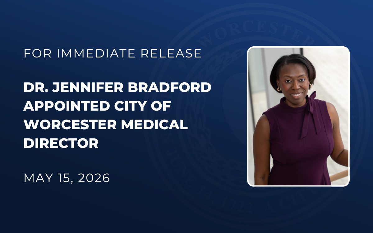 Blue graphic with a photo of the individual appointed medical director of the City of Worcester