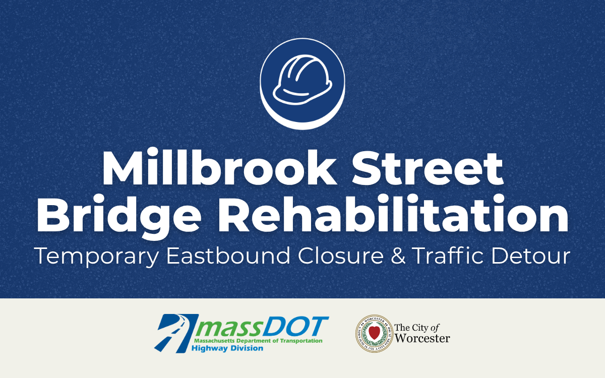 Graphic with photo of a hard hat and text that reads, "Millbrook Street Bridge Rehabilitation" 