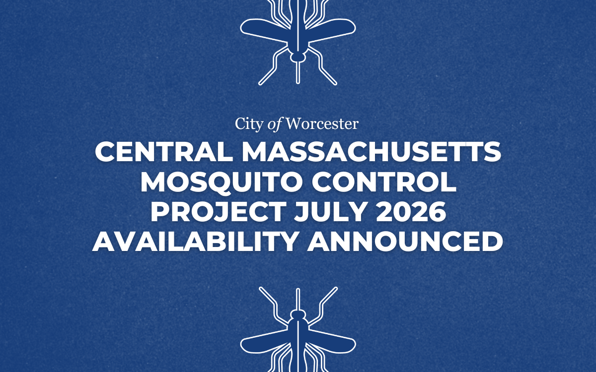 Blue graphic with mosquito drawings on it with text overlayed that reads, "Central Massachusetts Mosquito Control Project July 2026 Availability Announced"