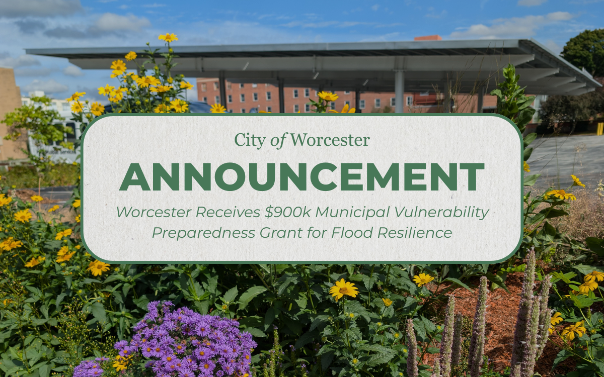 Photo of Worcester Senior Center flowers with text overlayed that reads, "Announcement: Worcester Receives $900k Municipal Vulnerability Preparedness Grant for Flood Resilience"