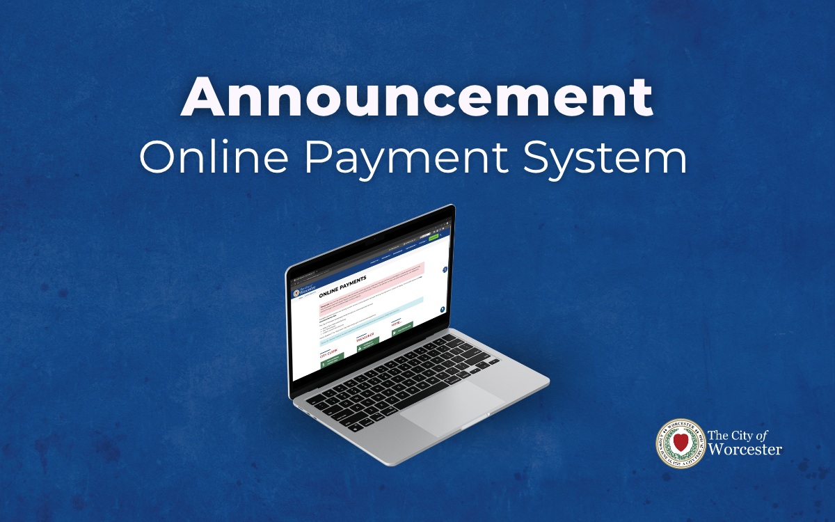 Blue graphic with a laptop with text overlayed that reads, "Announcement Online Payment System"