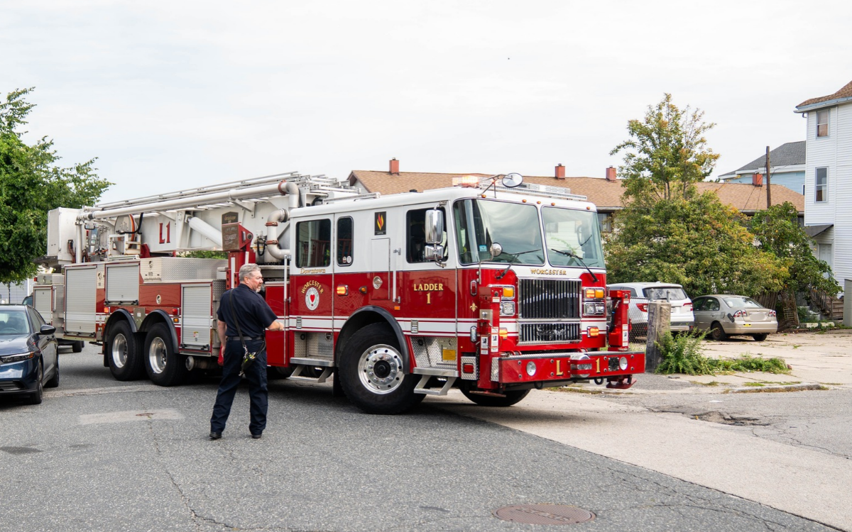 Photo of a Worcester Fire Truck navigating a tight turn