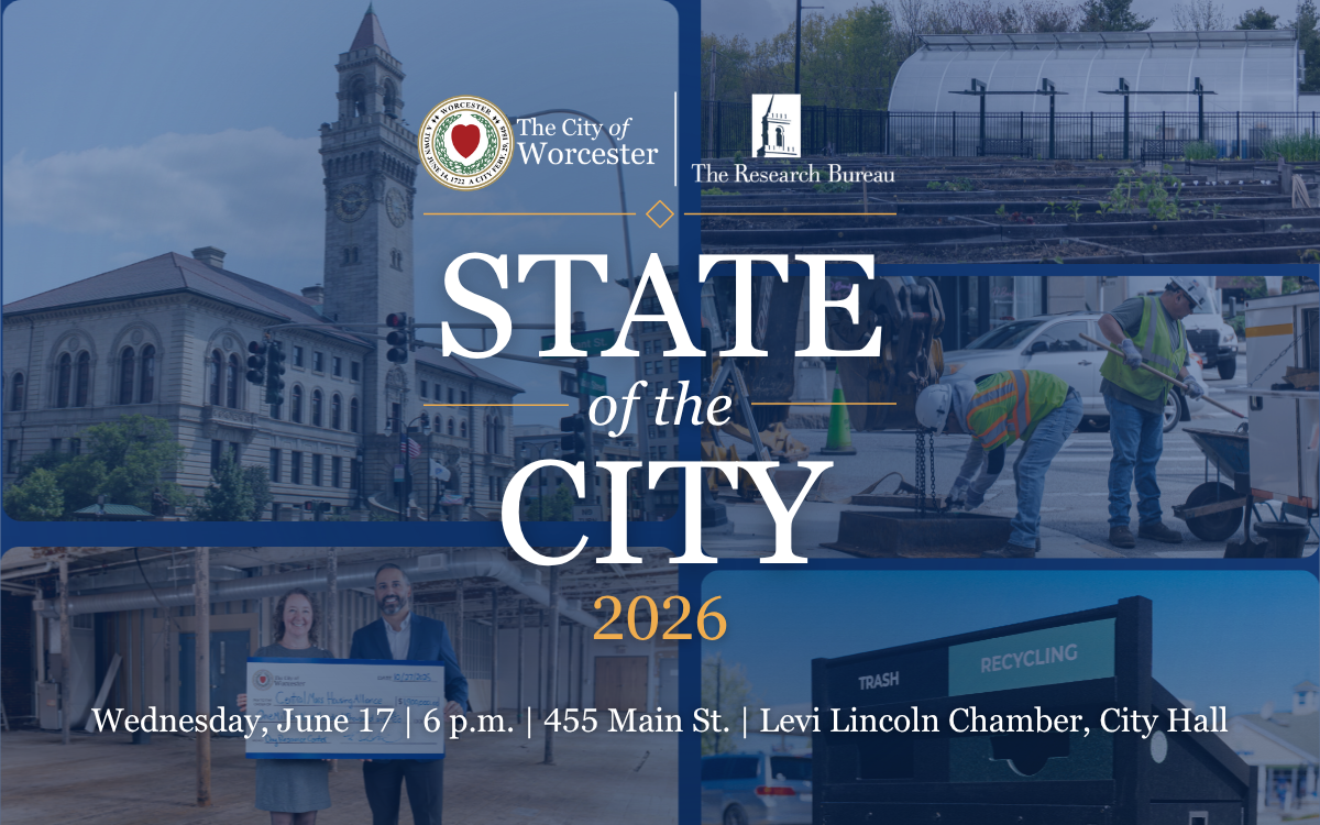 Graphic with photos of City Hall, garden plots, recycling bins, etc with text overlayed that reads "State of the City 2026"