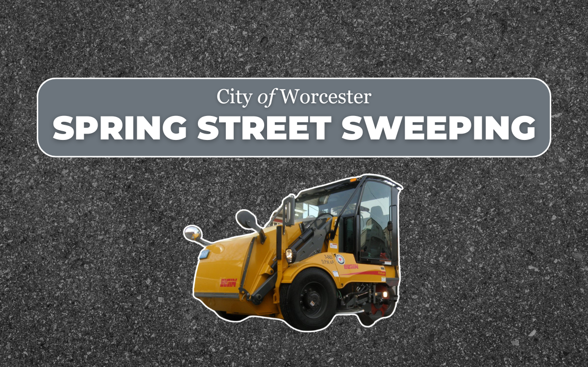 Image of street sweeper and headline that Spring Street Sweeping begins April 6