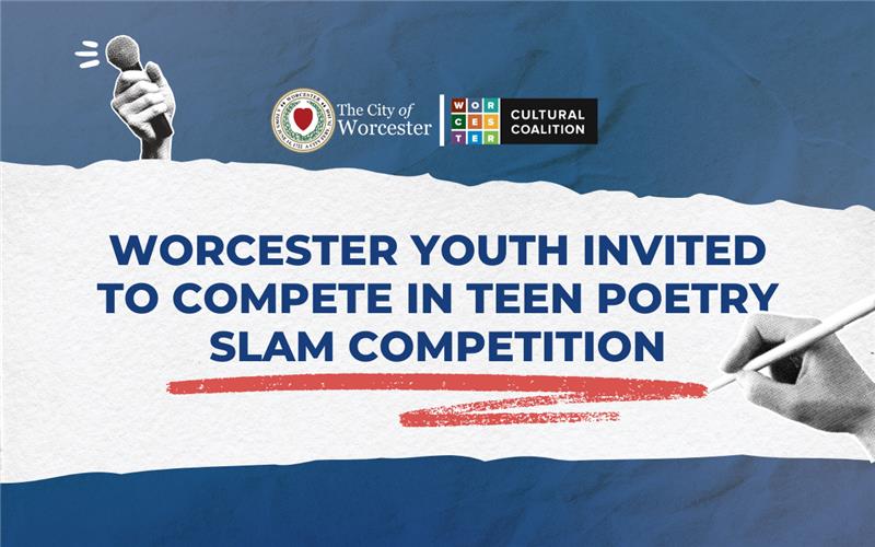 Graphic with photos of a pencil and text overlay that reads Worcester Youth Invited to Compete in Poetry Slam Competition
