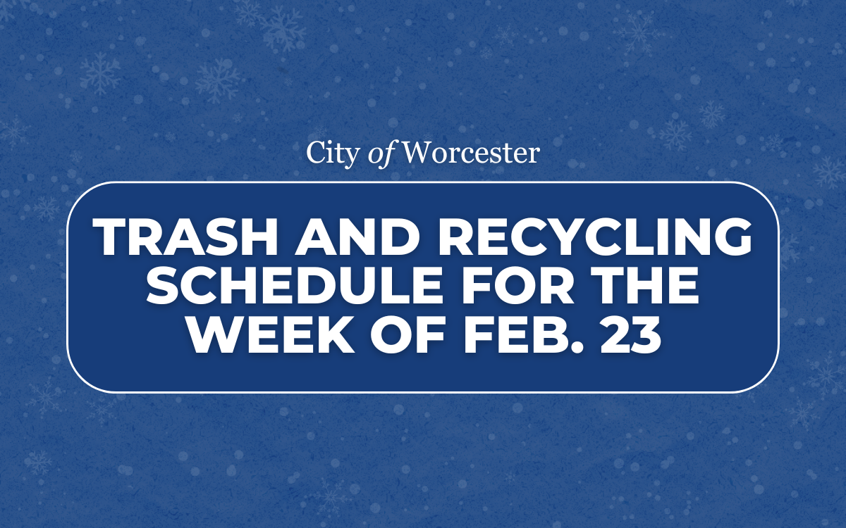 A blue graphic with text overlayed that reads, "Trash and Recycling Schedule for the Week of Feb. 23"