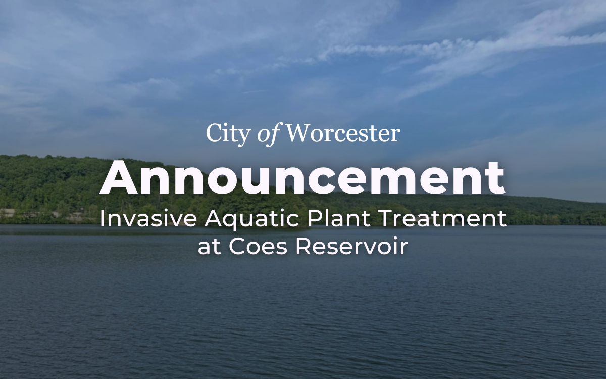 Photo of Coes Reservoir with text that reads, "Announcement Invasive Aquatic Plant Treatment at Coes Reservoir