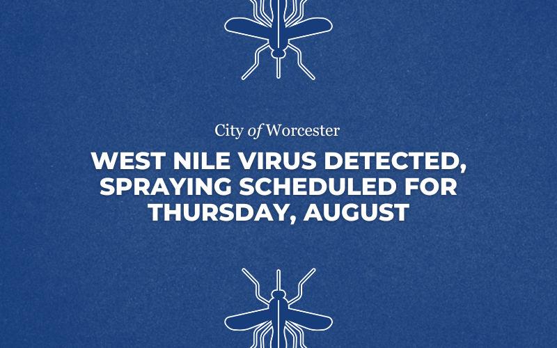 Blue graphic with text overlayed, "West Nile Virus Detected, Spraying Scheduled for Thursday, August"
