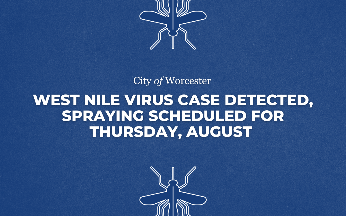 Blue graphic with text overlayed that reads, "West Nile Virus Case Detected, Spraying Scheduled for Thursday, August"