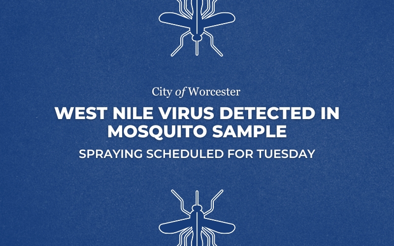 A dark blue background with white outlines of mosquitoes and the text "West Nile Virus Detected in Mosquito Sample, Spraying Scheduled for Tuesday 