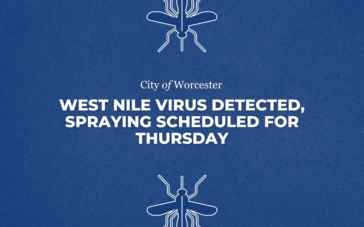 Blue graphic with text overlayed that reads, "West Nile Virus Detected, Spraying Scheduled for Thursday"