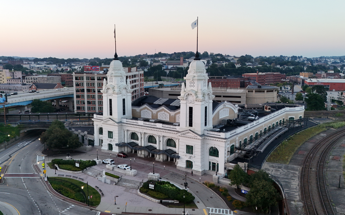 A drone image of Union Station in Worcester