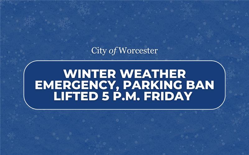 Blue graphic with text overlayed that reads, "Winter Weather Emergency, Parking Ban Lifted 5 p.m. Friday"