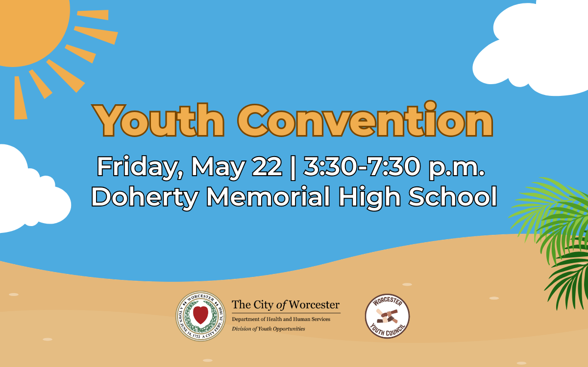 Graphic of a beach with text overlayed that reads, "Youth Convention, Friday May 22, 3:30 p.m. to 7:30 p.m., Doherty Memorial High School