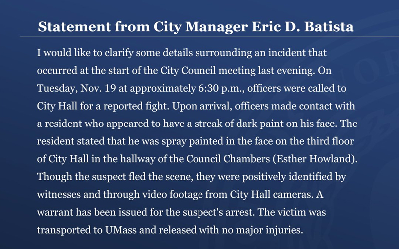 Blue Background with White Text Overlay of Opening Paragraph of City Manager Batista's Statement