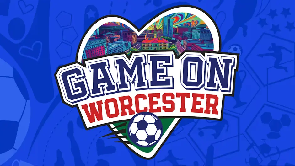 Graphic with Game On Worcester logo on top of soccer-related blue background