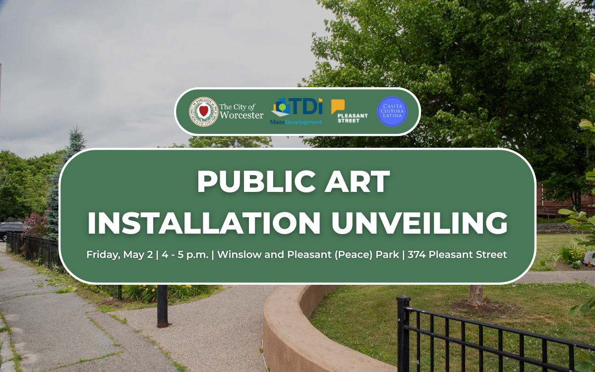 Graphic announcing a public art installation ceremony at Winslow & Pleasant (Peace) park 