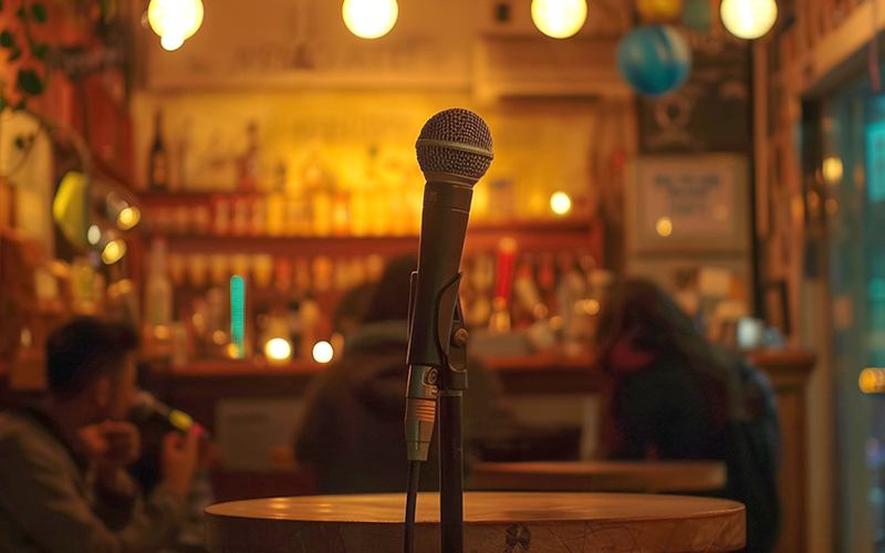 Microphone on Stand in Small Venue with Warm Lighting in Background