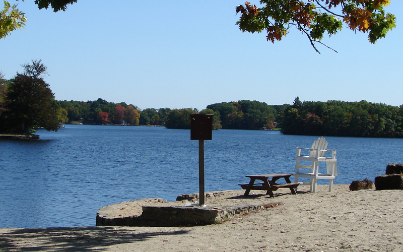 City Lake in Background with Small Beach and Picnic Table in Foreground
