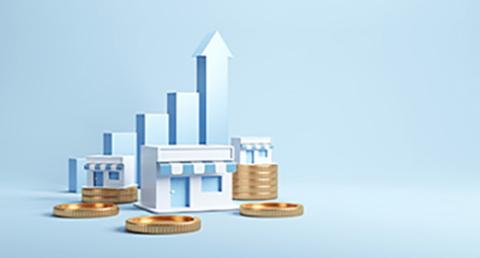 Graphic of Blue and White Storefront with Gold Coin Stacks and Blue Bar Graph in the Background 