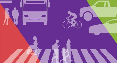 Graphic with Red, Purple and Green colors, a Sidewalk, People Walking, Biking, Cars and Buses