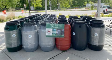 Collection of New Rain Barrels Waiting to be Picked Up By Owners