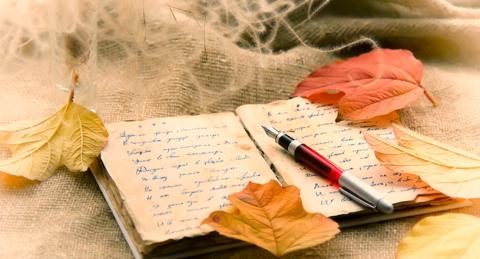 Book with Written Poetry and Fountain Pen Resting On top with Autumn Leaves Scattered Around