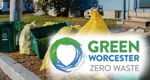 Collage of Yellow Trash Bags and Empty Green Recycling Bins at Curb with Green Worcester Zero Waste Logo in Bottom Right Corner