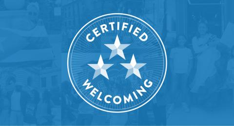 Blue Faded Collage Background with 3-Star Certified Welcoming Emblem in Center
