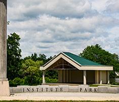 Institute Park Stone Benches with Ampitheater in Background