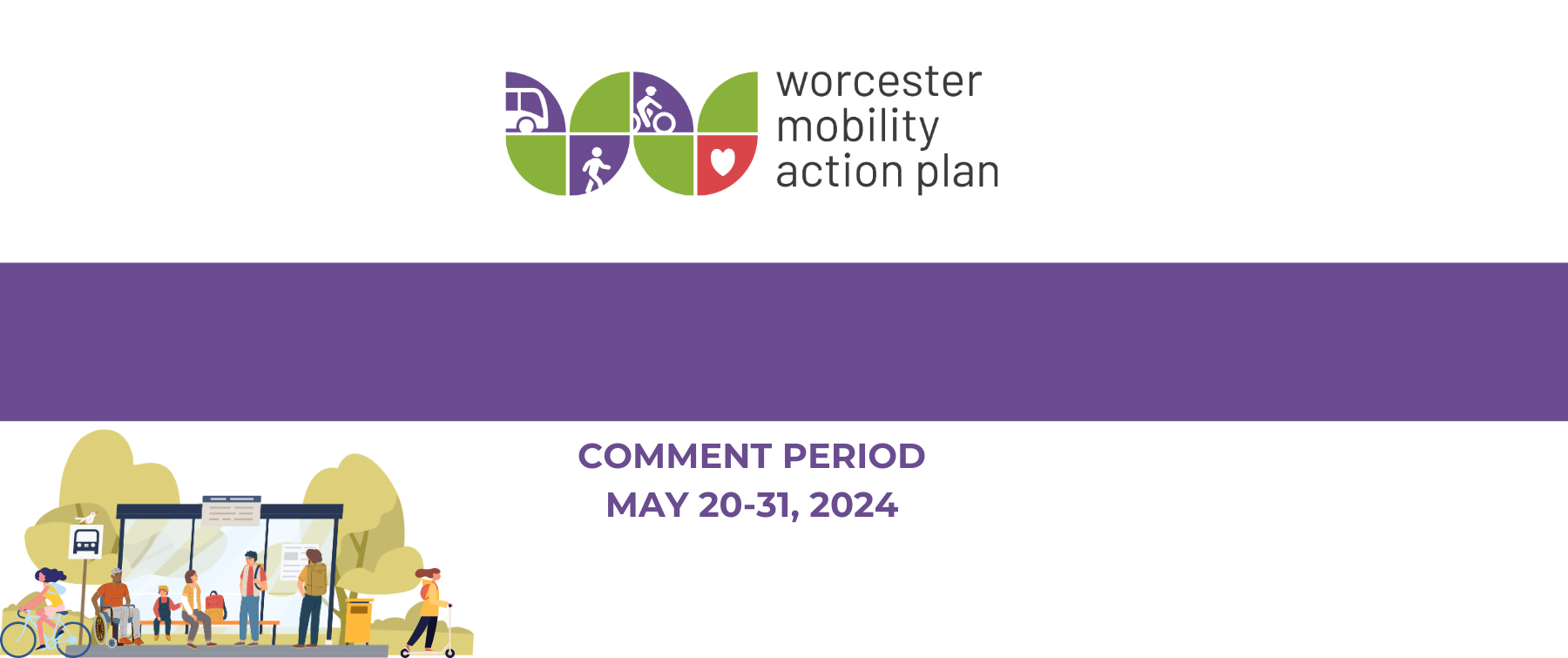 Illustrated Graphic of Mobility Action Plan Logo and Purple Text for Comment Period May 20-31